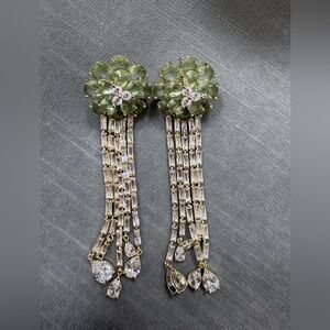 Nicola Bathie new Green Floral Drop Earrings, pierced with Crystal Tassels